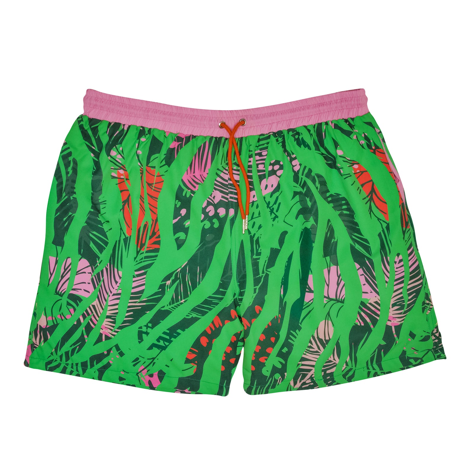 swim trunks with retro jungle print